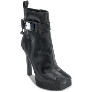 DKNY Zana Black Camouflage Square Toe Platform Ankle Bootie with Buckle NWOT